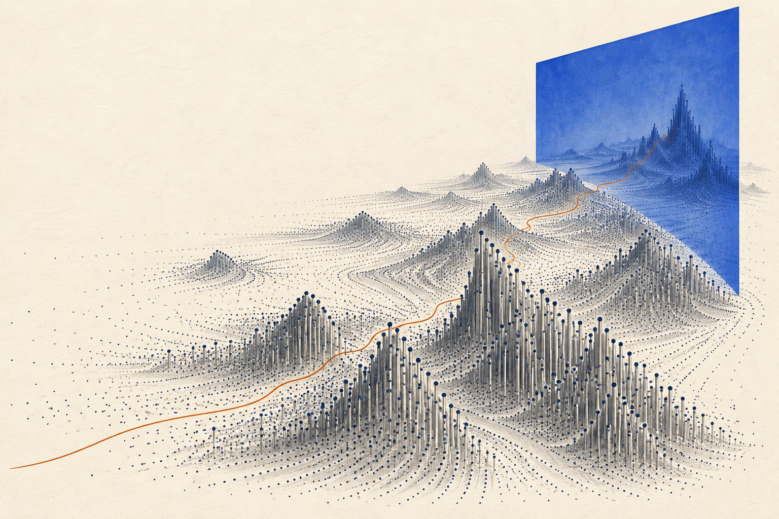 An imagined landscape of fine blue points and ridges meets a tall cobalt plane.