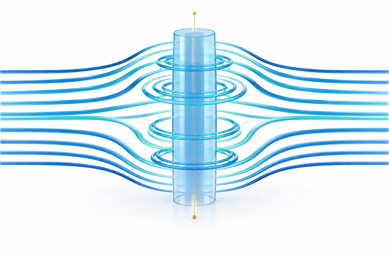 Smooth streamlines surround a central axis and a translucent cylindrical core.