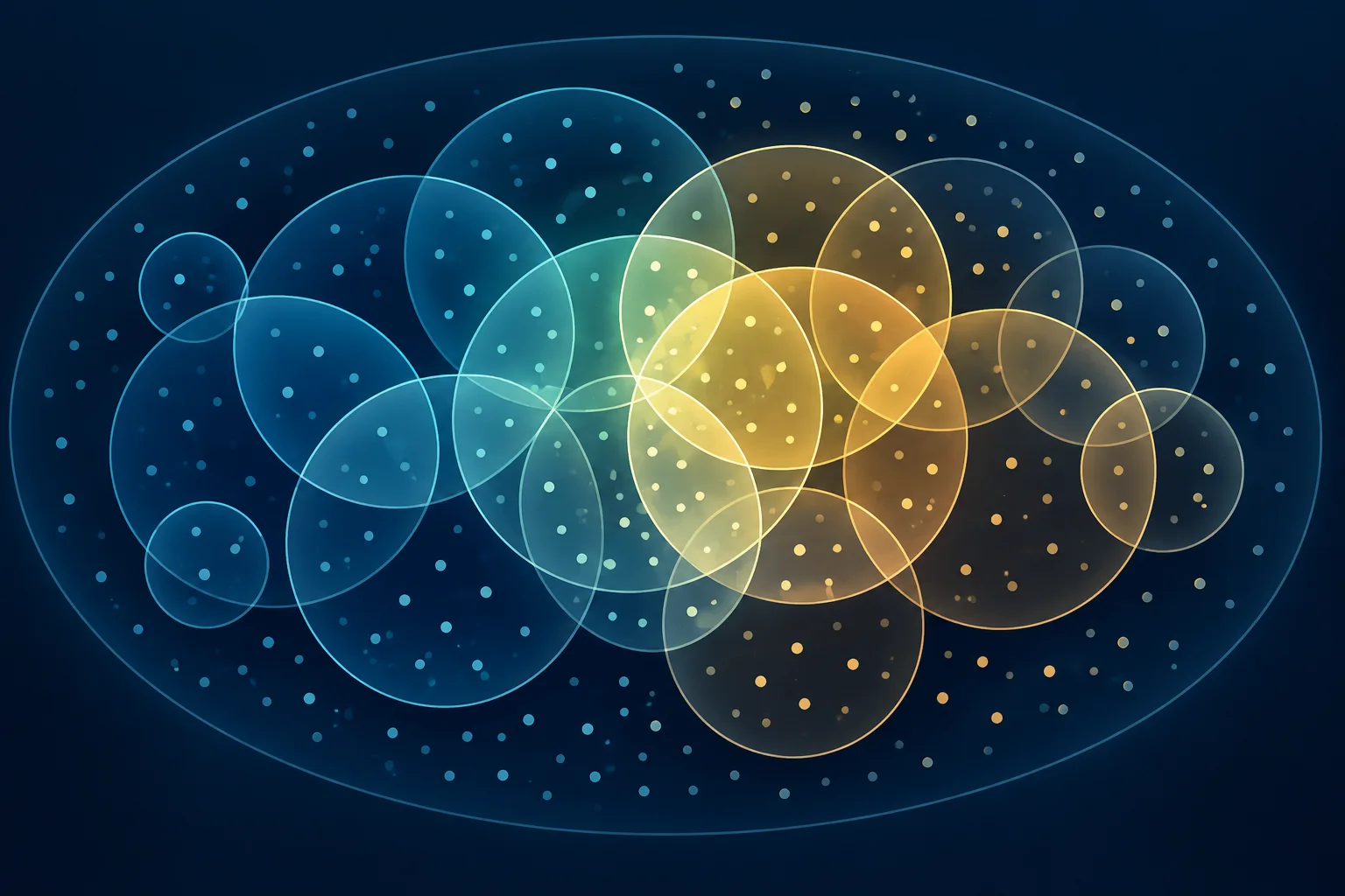 Overlapping blue, teal, and amber oval sets contain scattered points, suggesting a structured family of subsets.