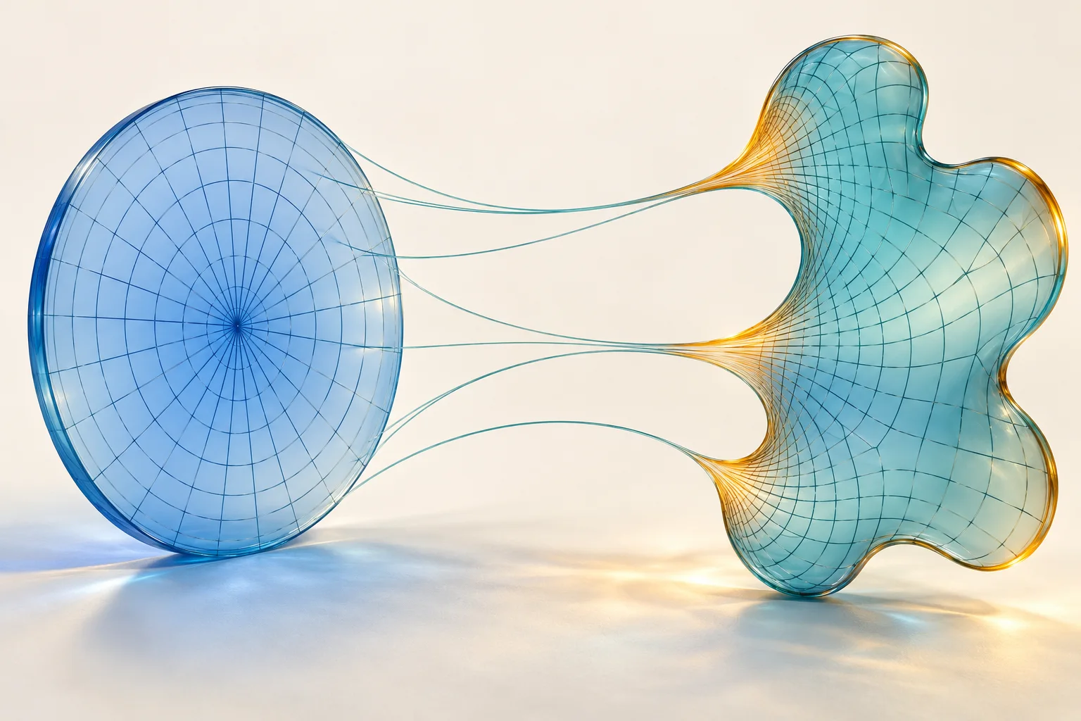 A circular blue disk and an irregular teal region carry differently compressed curved grids.