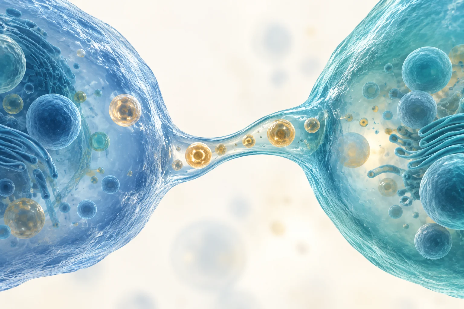Two stylized blue and teal cell surfaces connect through a narrow bridge carrying amber cargo.