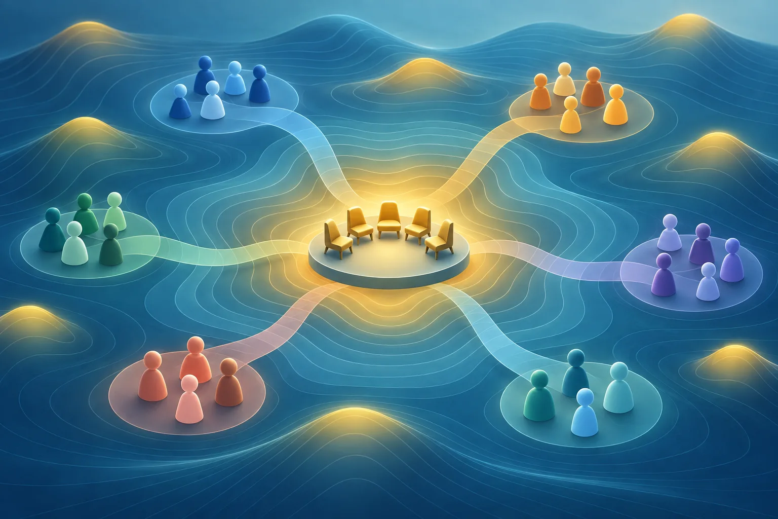 Several colored voter groups connect to a glowing ring of committee seats on a gentle contour landscape.