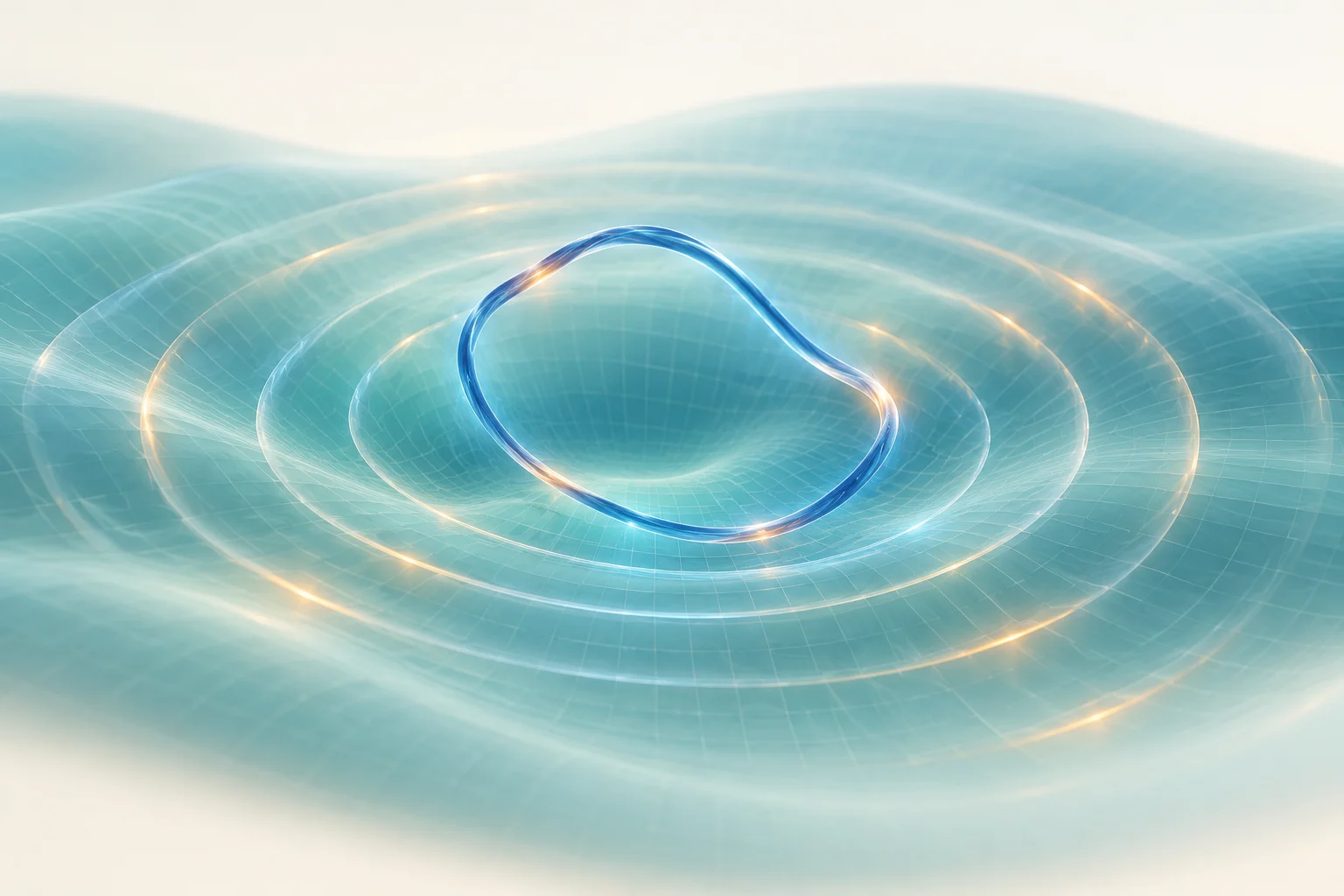 A blue loop curves over a teal mesh with outward amber and blue ripples.