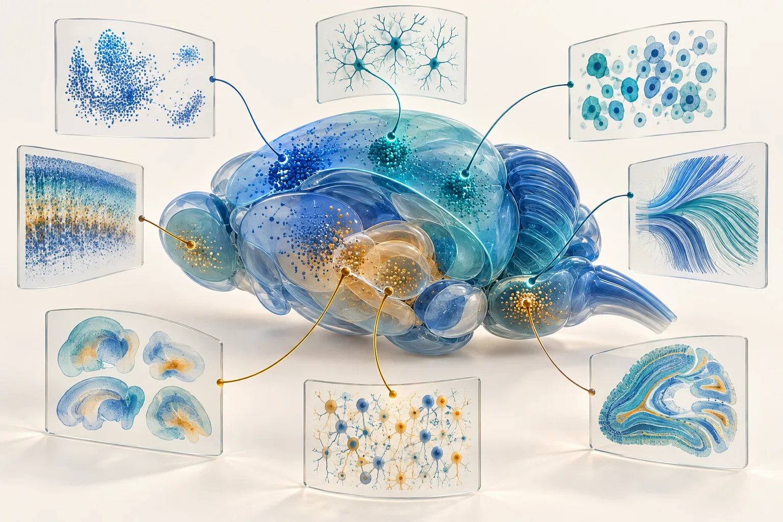 A stylized glass rodent-brain atlas connects to panels of cellular and neuronal motifs.