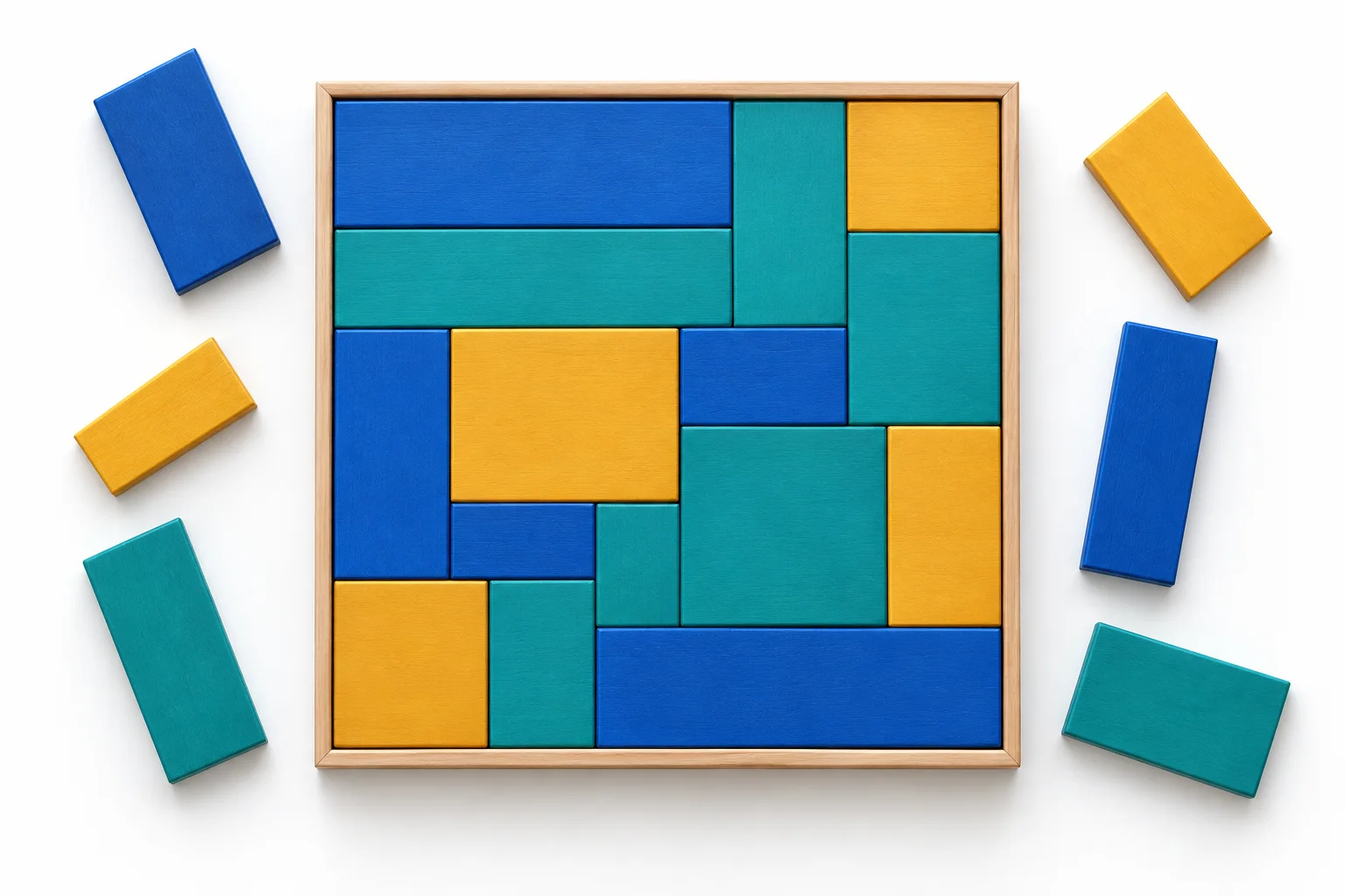 Differently proportioned rectangular tiles are arranged around and inside a square frame.