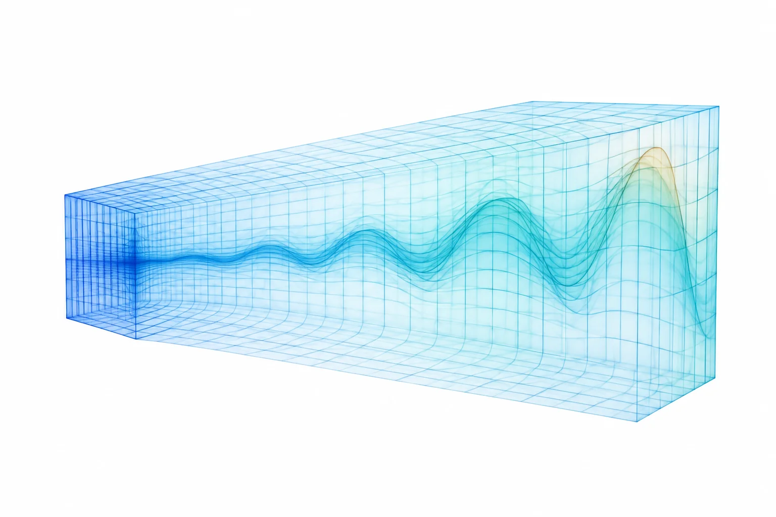 An anisotropically stretched coordinate mesh with a wavelike perturbation suggests changing spacetime geometry.