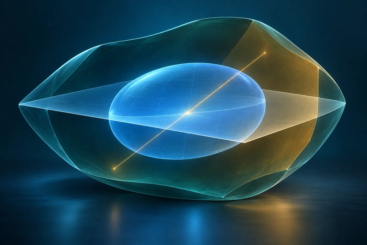 A blue ellipsoid inside an abstract convex body, bisected by a transparent plane through its glowing center.