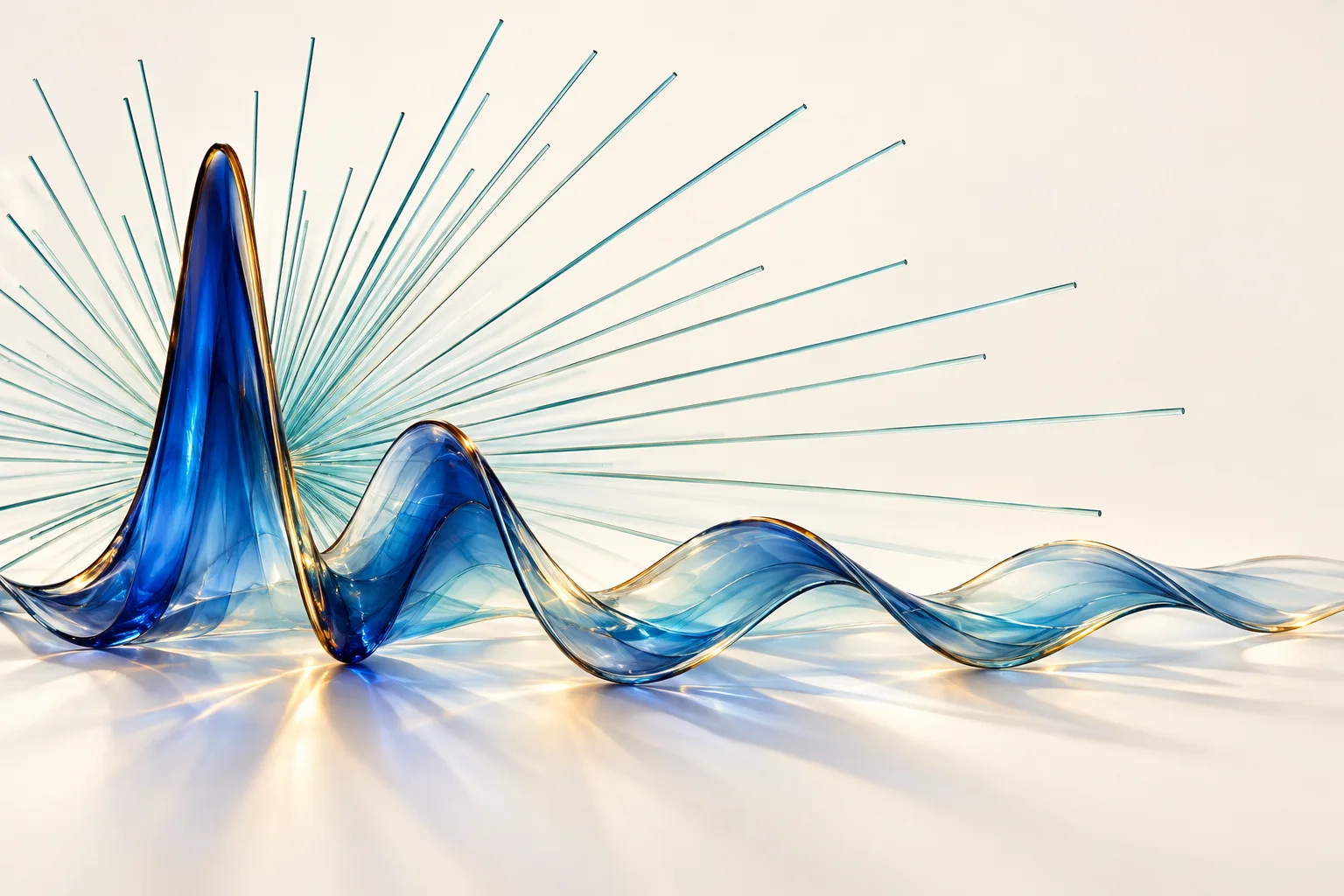 A tall blue wave crest gives way to broader ripples against a fan of teal rods.