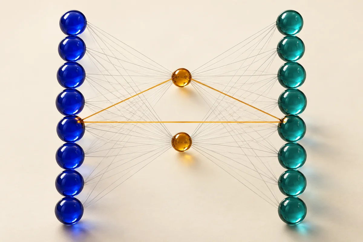 Two large groups of blue and teal nodes connect through a small amber group, with one triangle highlighted.