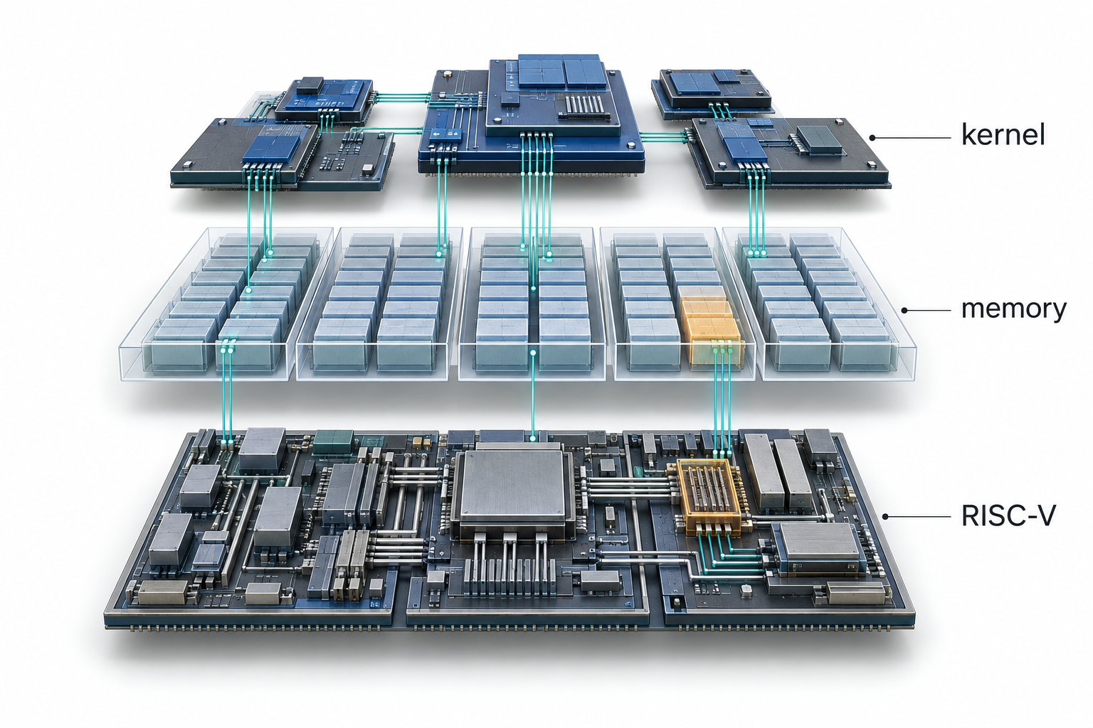 Technical schematic connecting kernel logic, separate memory regions and underlying RISC-V hardware behavior.