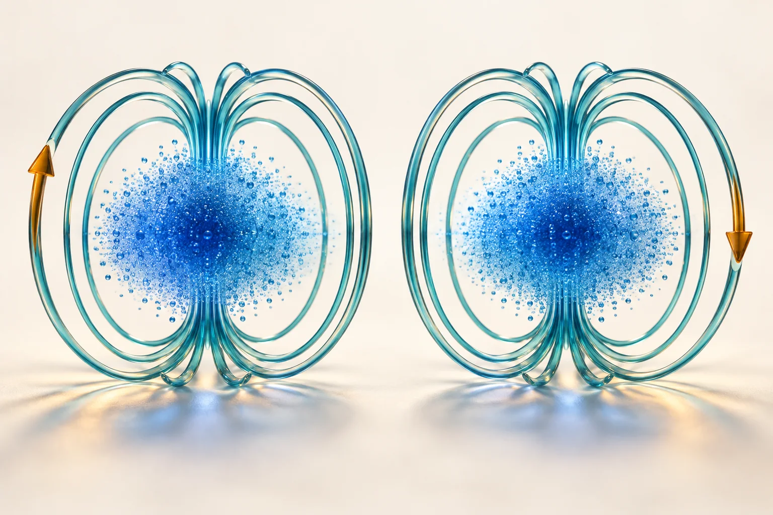 Two similar blue particle clouds sit within teal loops marked by opposite amber arrows.