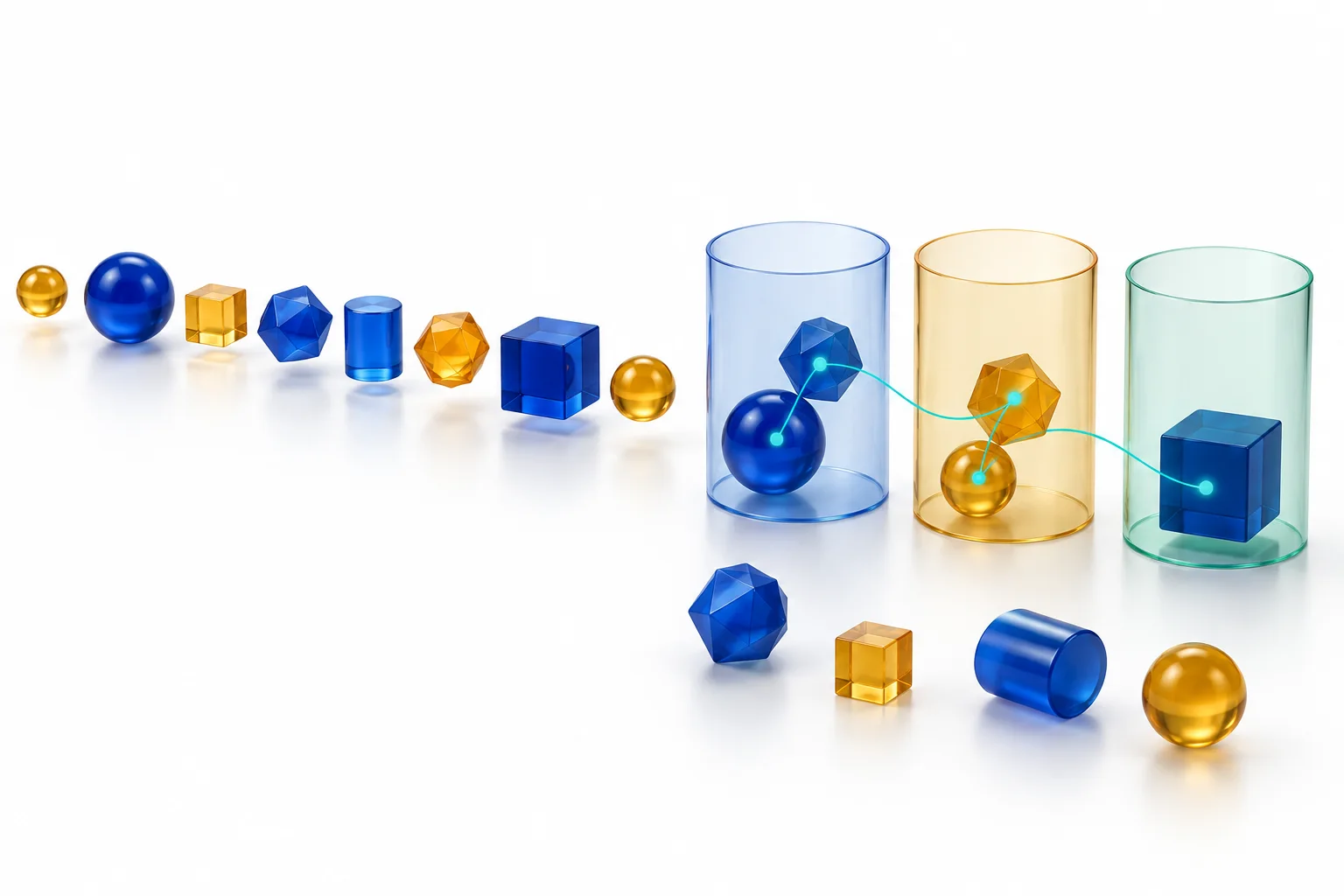A sequence of different opportunity tokens approaches a limited set of slots, with some selected and others left outside.