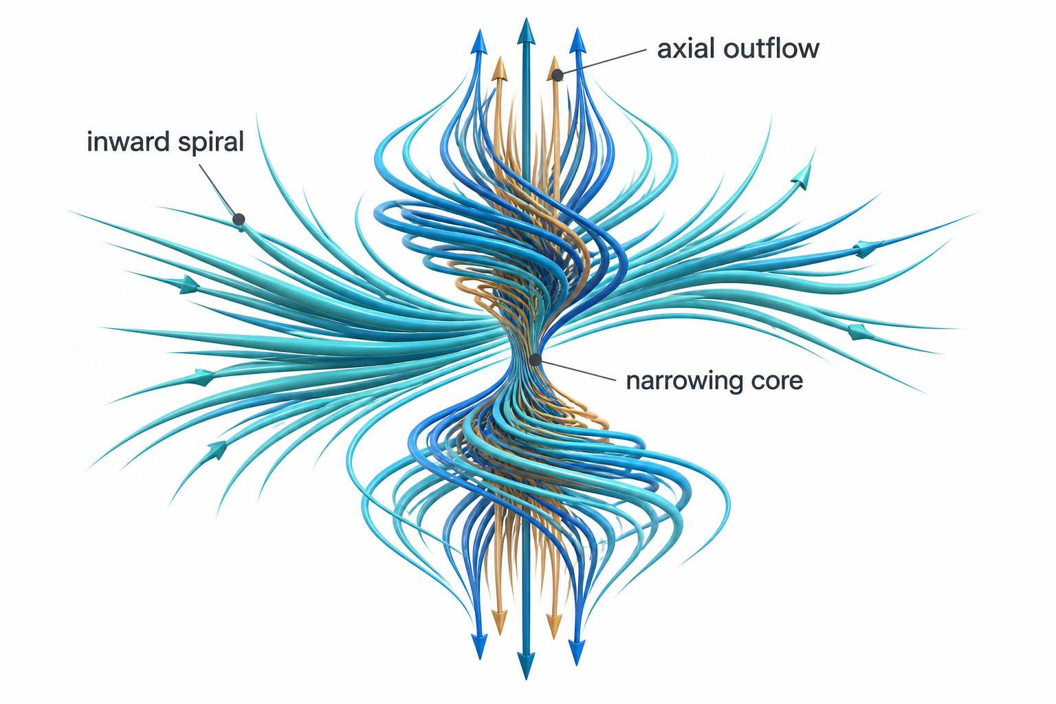 Schematic of inward-spiralling fluid filaments, a narrowing core, and axial outflow above and below the central plane.