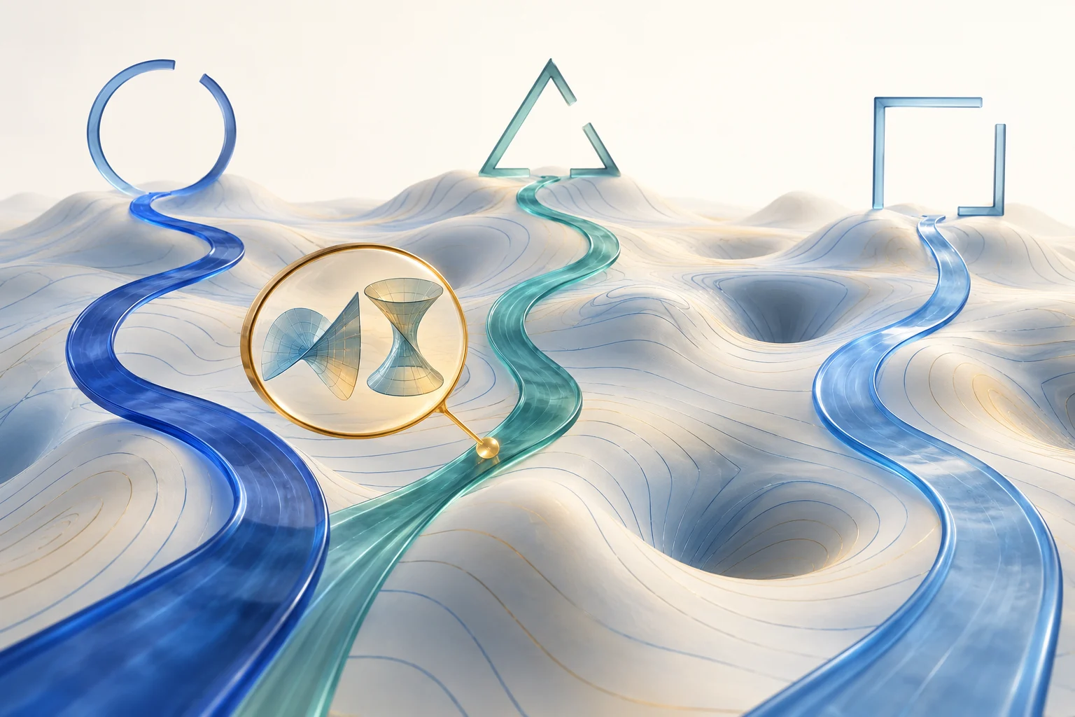Three translucent paths cross a contour landscape toward open geometric shapes beneath an amber comparison lens.