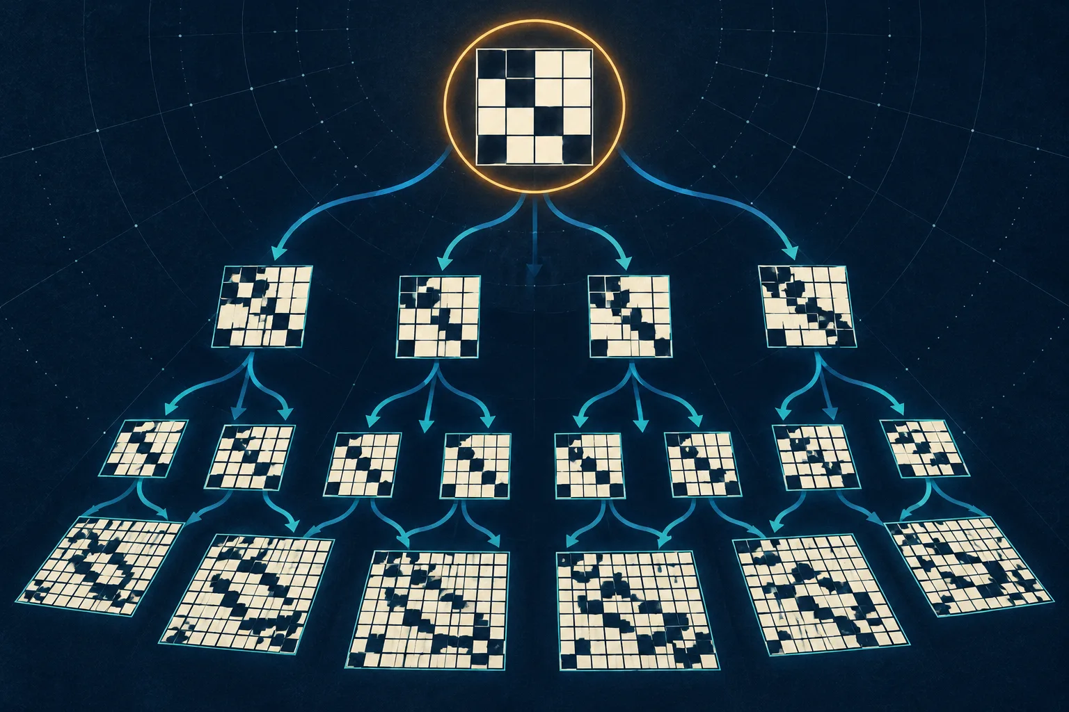 A four-by-four black-and-ivory grid inside an amber ring branches into larger blue and teal ordered matrix grids.