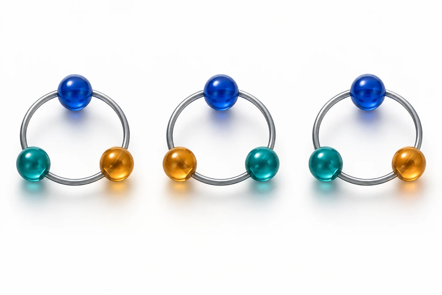Three circular arrangements keep a blue bead fixed while teal and amber beads exchange places.