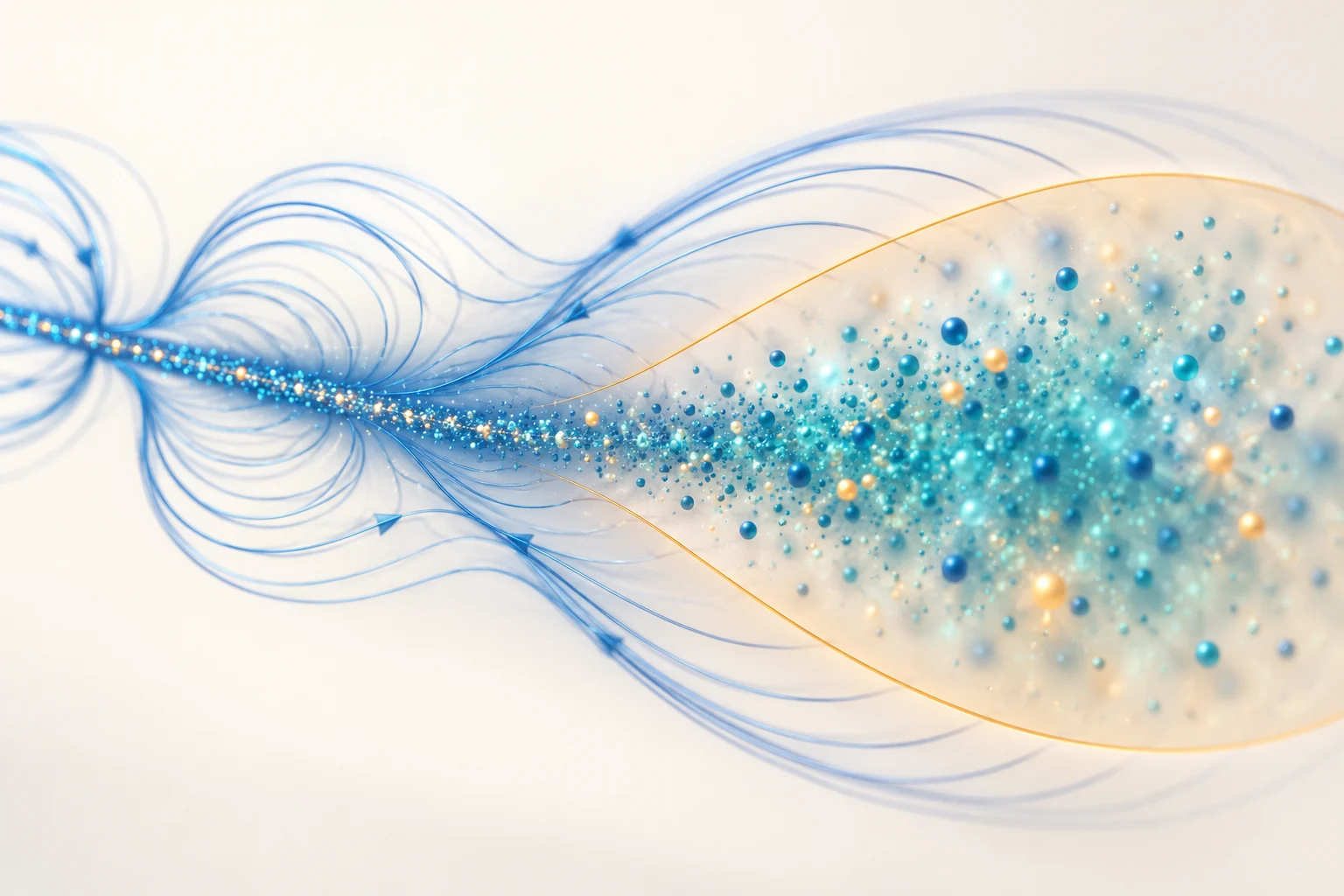 Blue and teal particles spread along curved field lines inside an amber envelope.