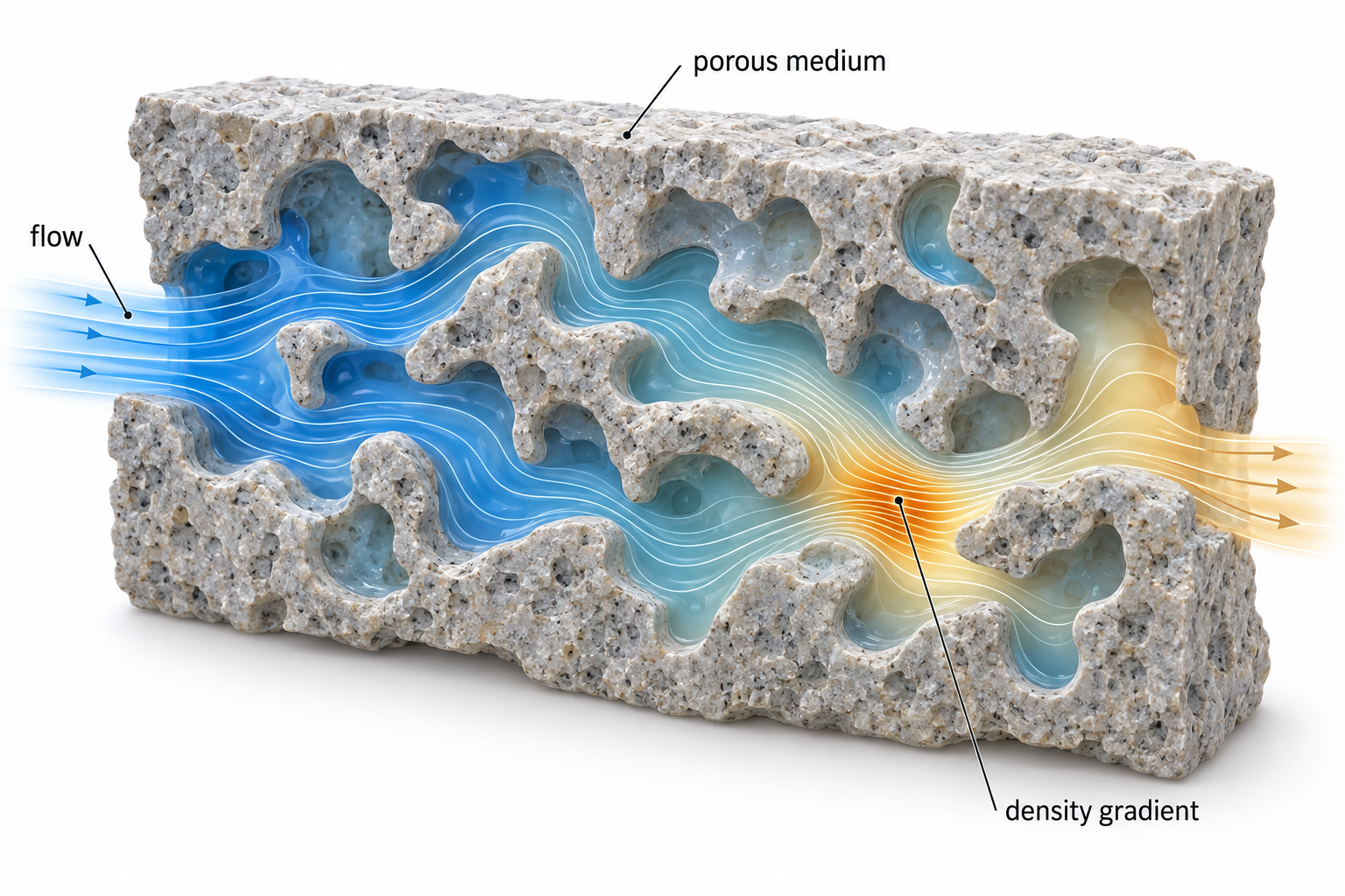Scientific cutaway of porous material with blue-to-amber fluid streamlines and a highlighted region of density variation.