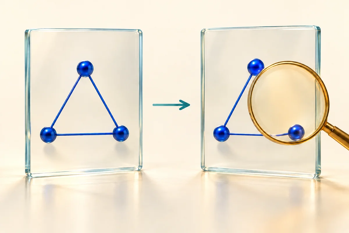 A triangle on one glass panel becomes an open two-edge shape on another, with a lens highlighting the missing edge.