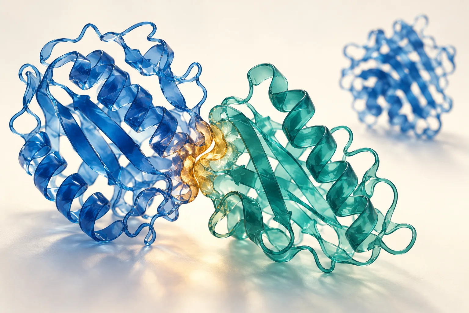 Blue and teal folded ribbon shapes touch at an amber interface.