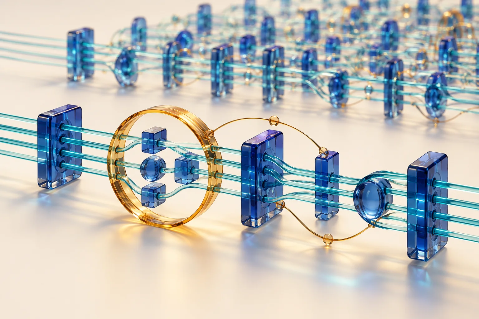 Parallel teal paths pass through blue glass gates with an amber ring highlighting a compact section.