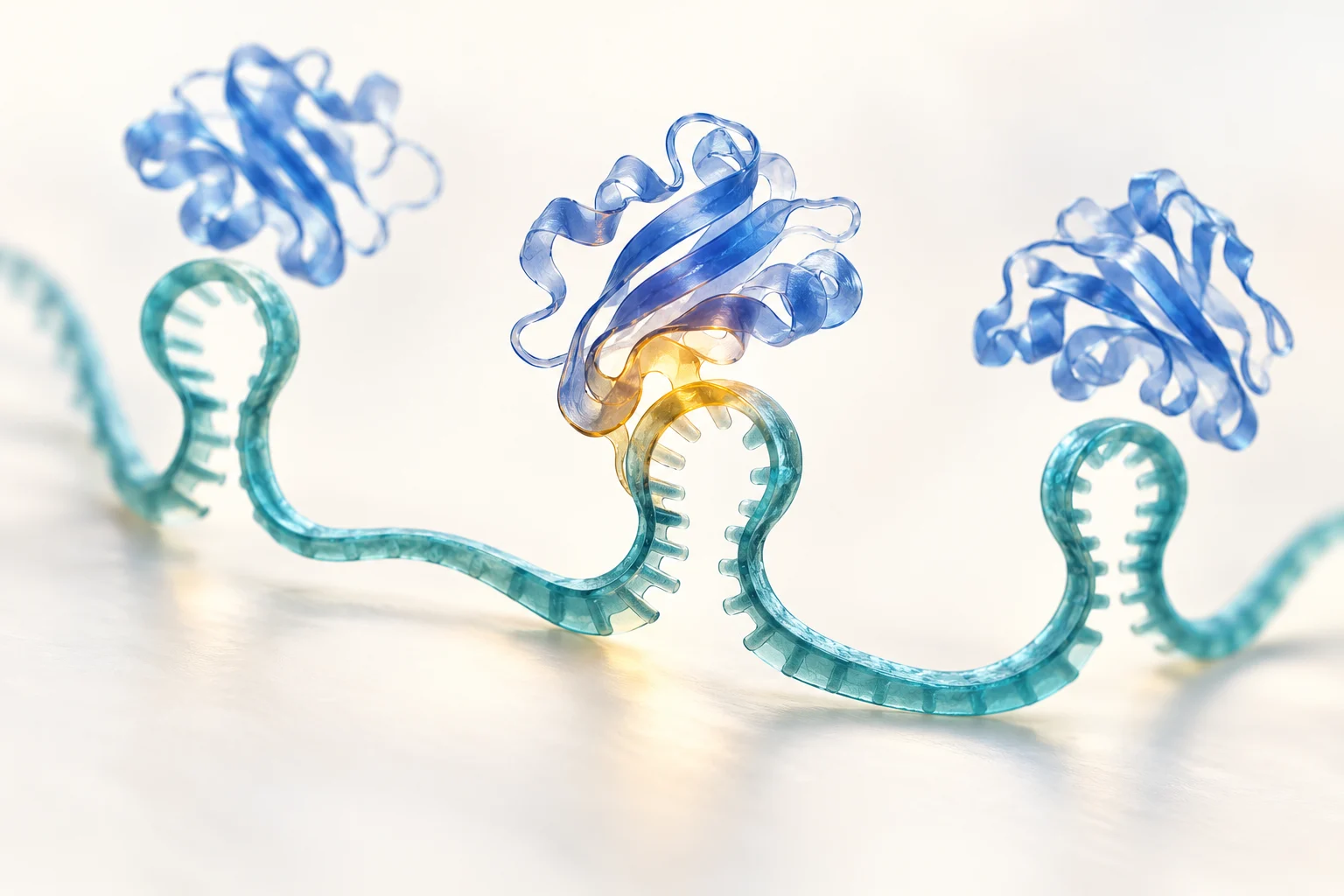 Stylized teal molecular loops meet folded blue sensor forms, with one interface highlighted in amber.