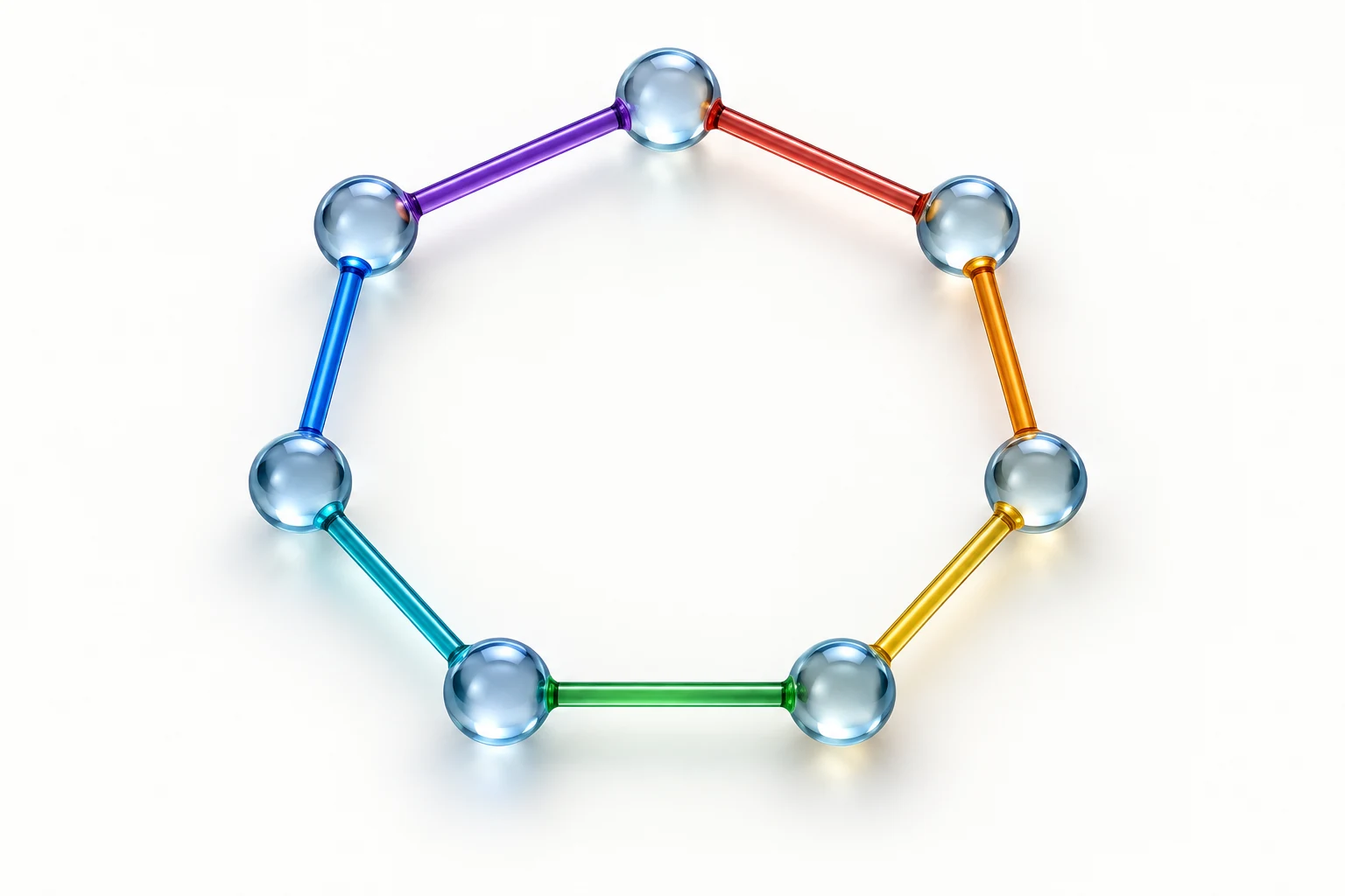 Seven glass nodes form one loop with seven differently colored edges.