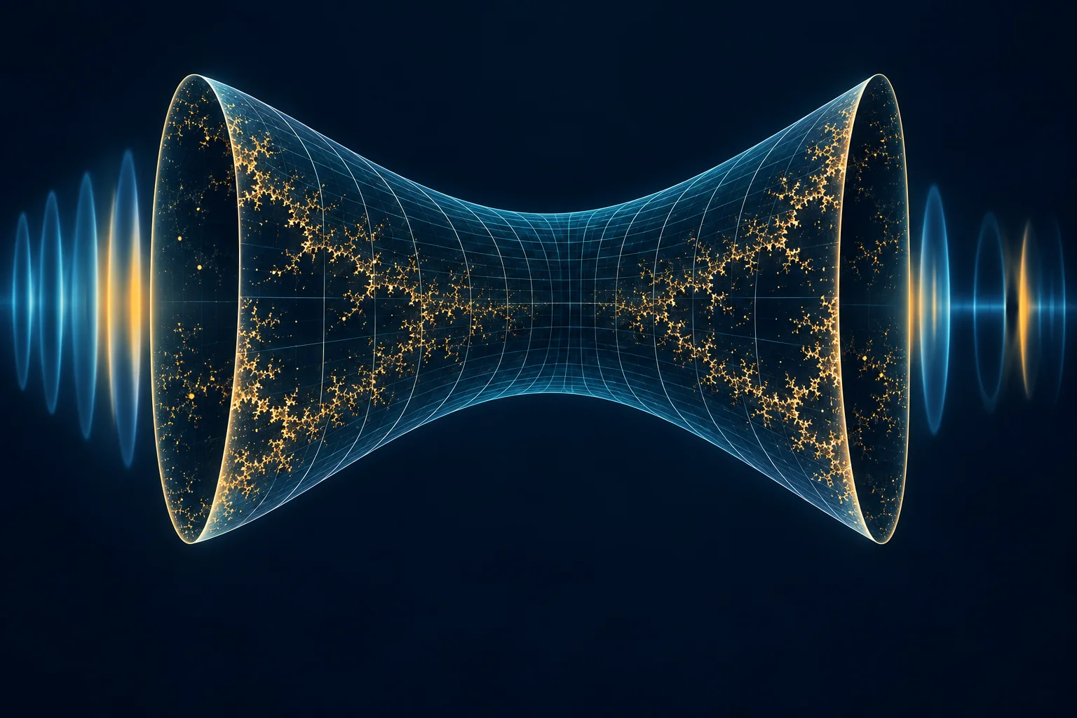 A blue hyperbolic funnel narrows between two glowing fractal-patterned ends, with soft frequency bands at either side.