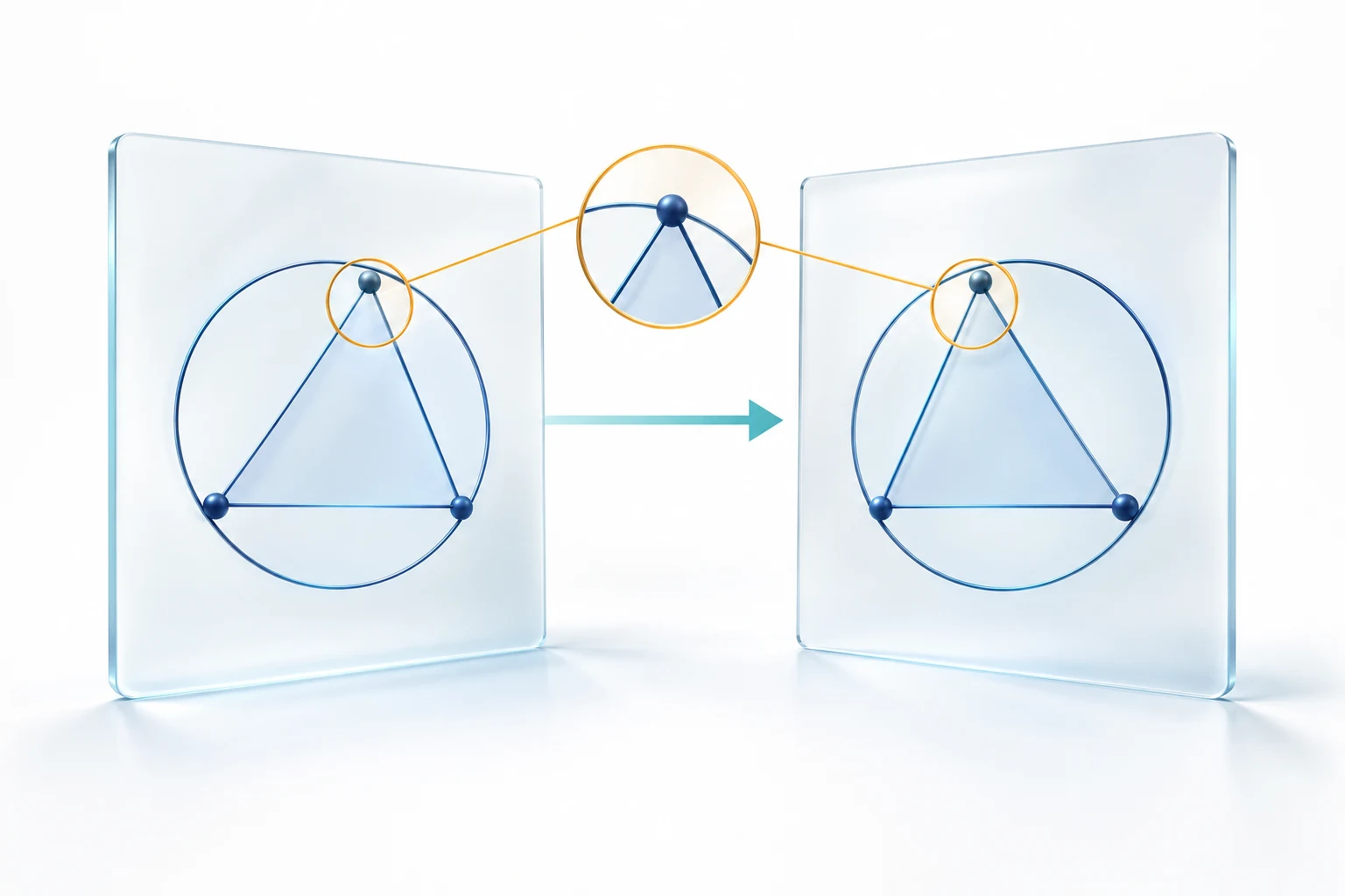 Matching geometric diagrams on two translucent sheets are compared through an amber magnifying circle.