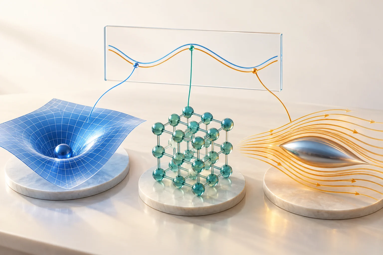 Curved geometry, a lattice and fluid streamlines connect to a comparison panel.