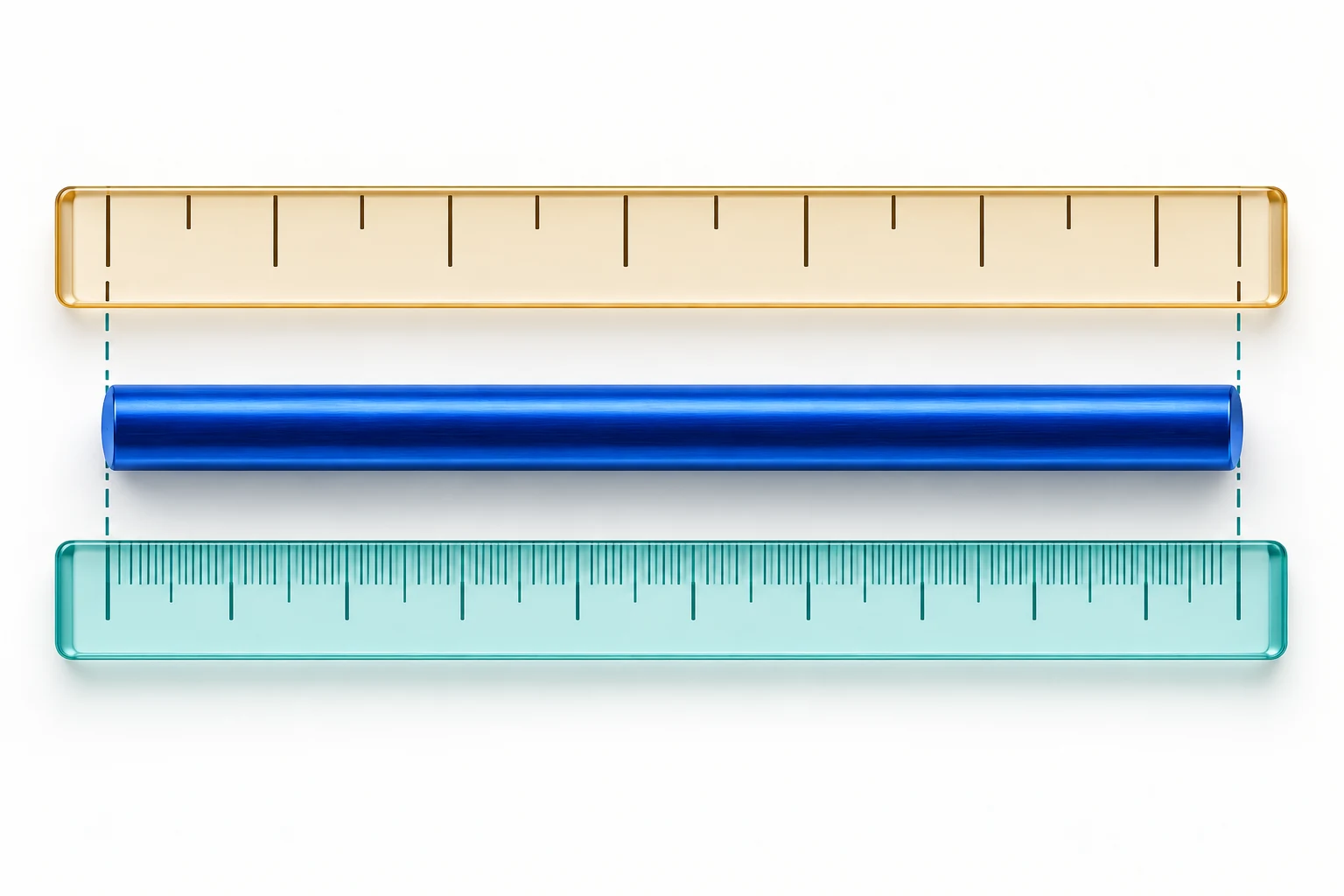 A blue rod spans the same length between two rulers with different scale spacing.